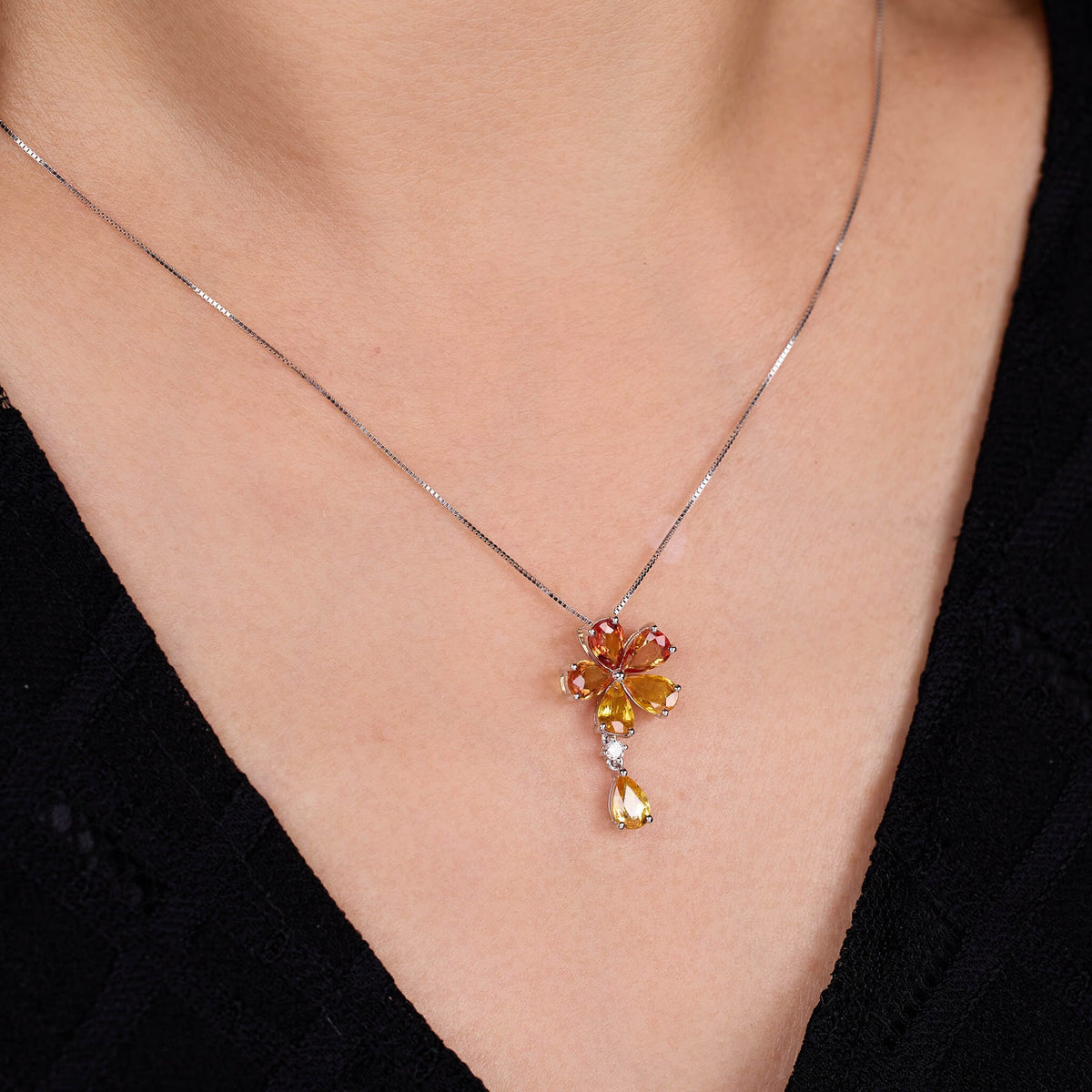 18K Gold Nature Diamond &amp; Fancy Sapphire Flower Pendant - Jewelry And Store