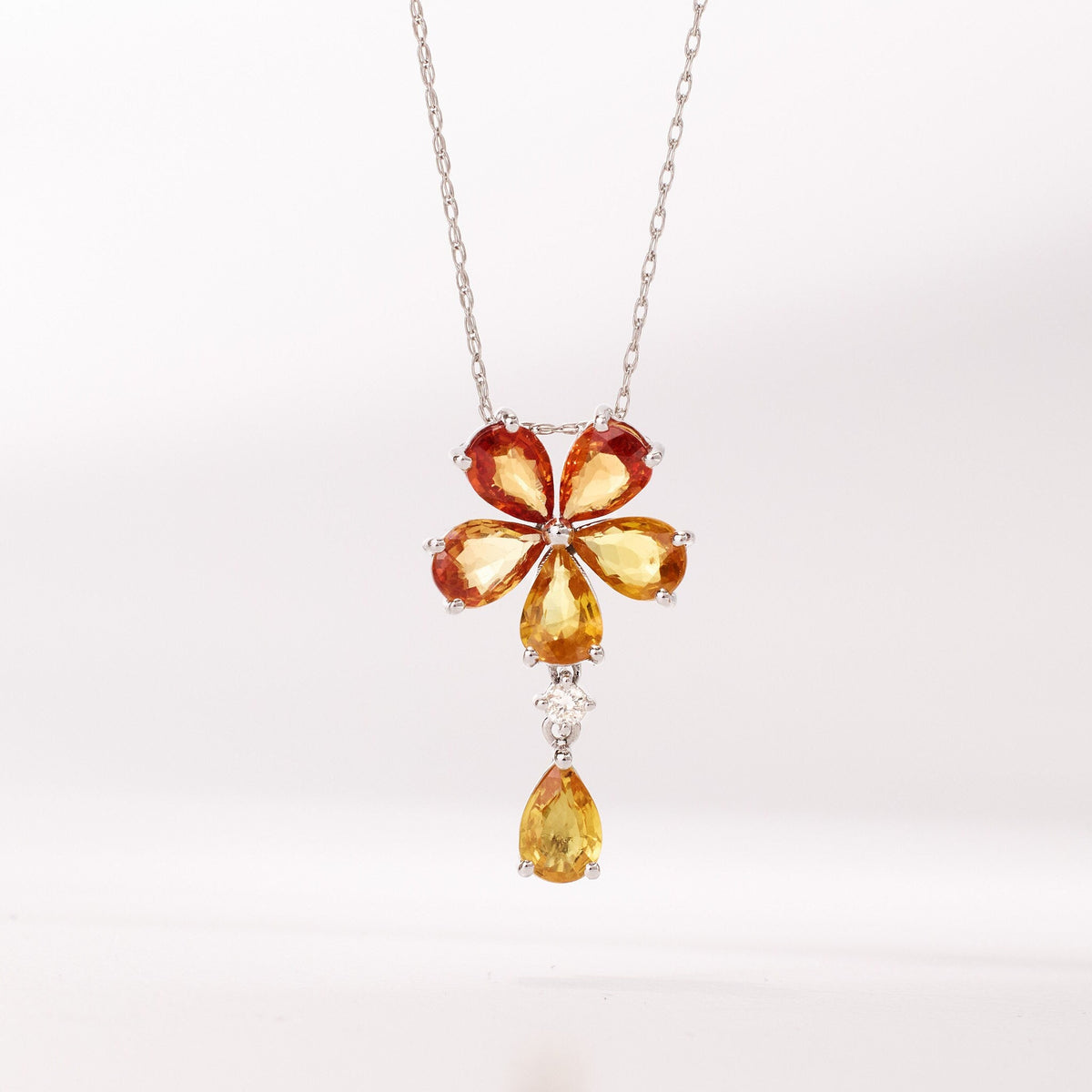 18K Gold Nature Diamond &amp; Fancy Sapphire Flower Pendant - Jewelry And Store