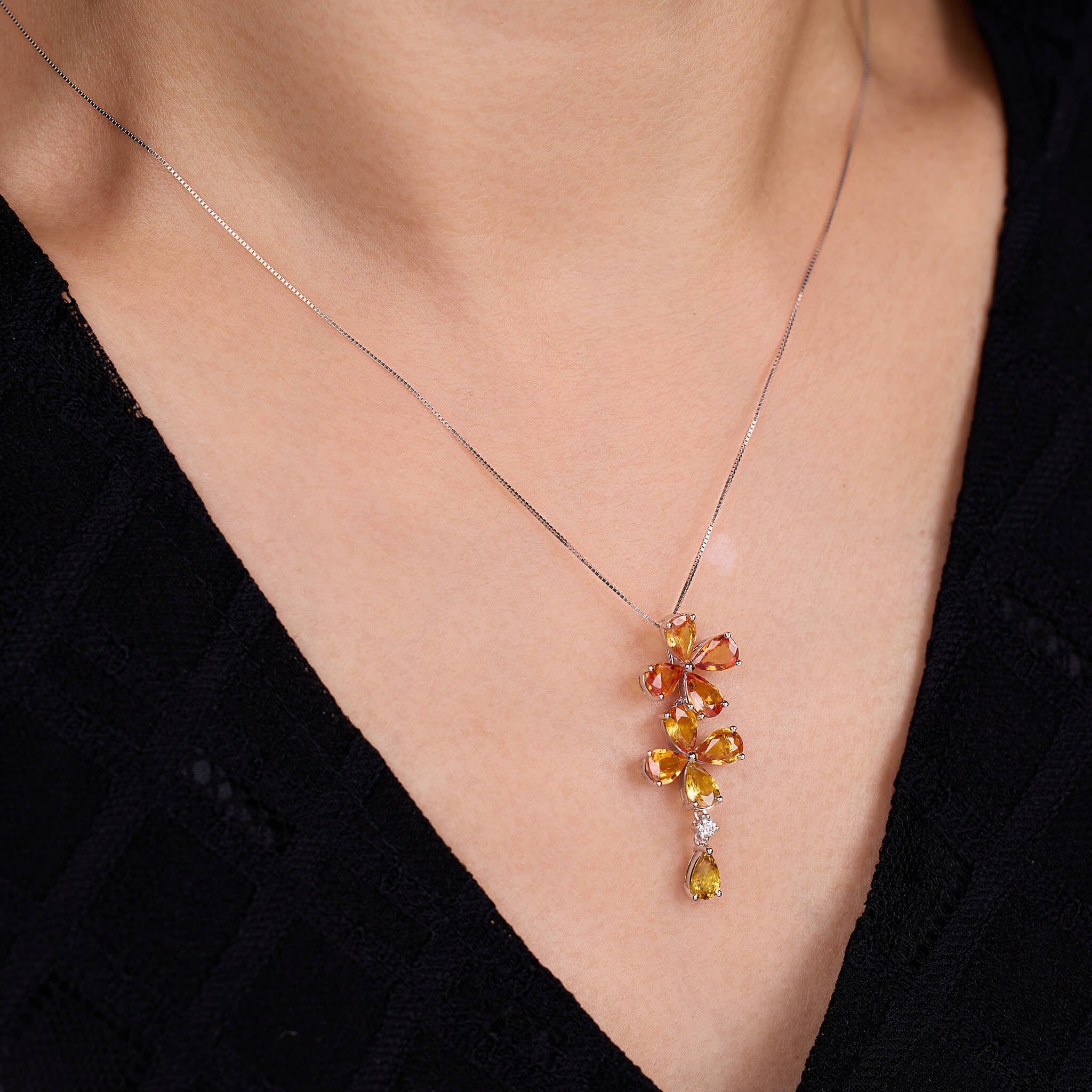 18K Gold Nature Diamond &amp; Fancy Sapphire Flower Pendant - Jewelry And Store