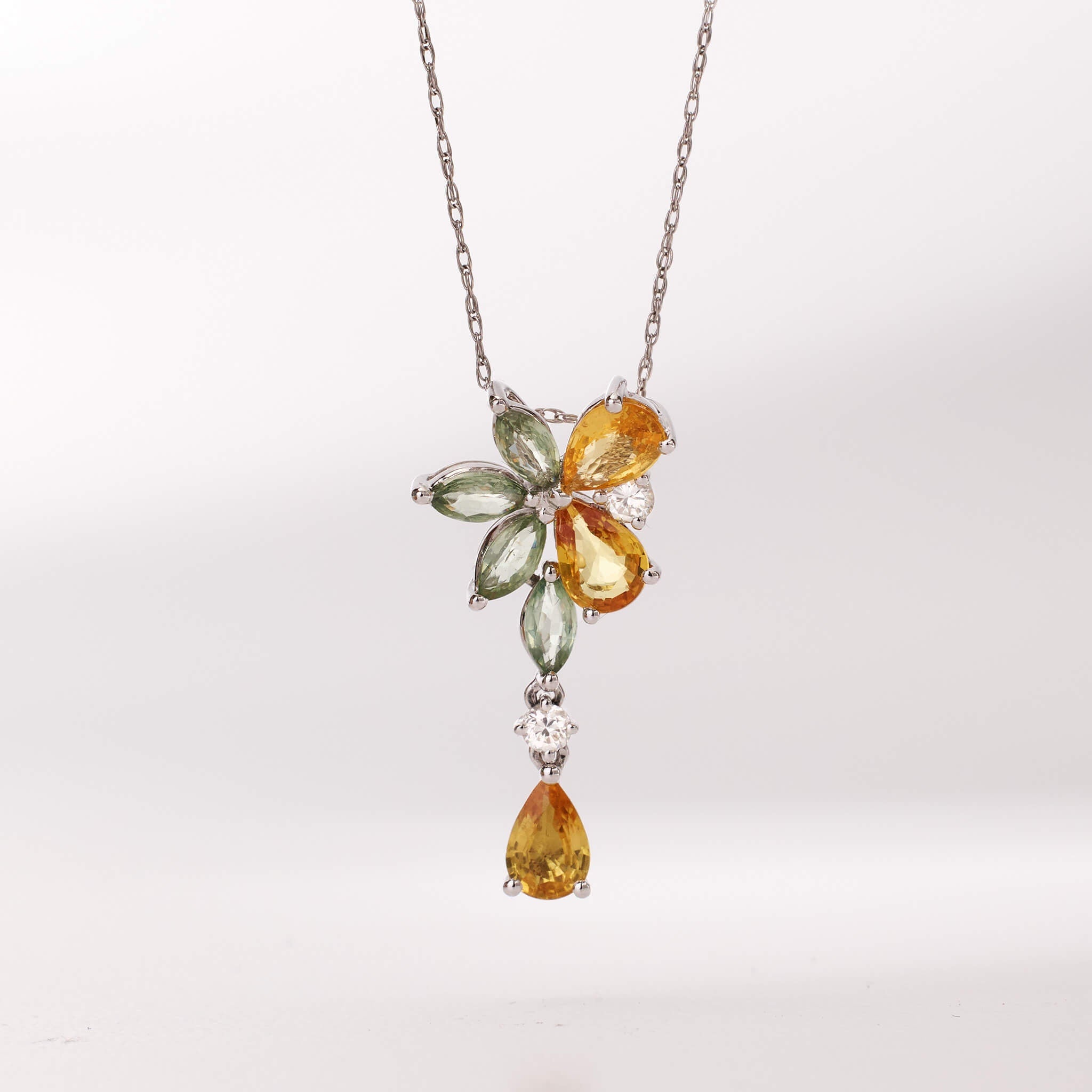 18K Gold Nature Diamond &amp; Fancy Sapphire Drop Pendant - Jewelry And Store