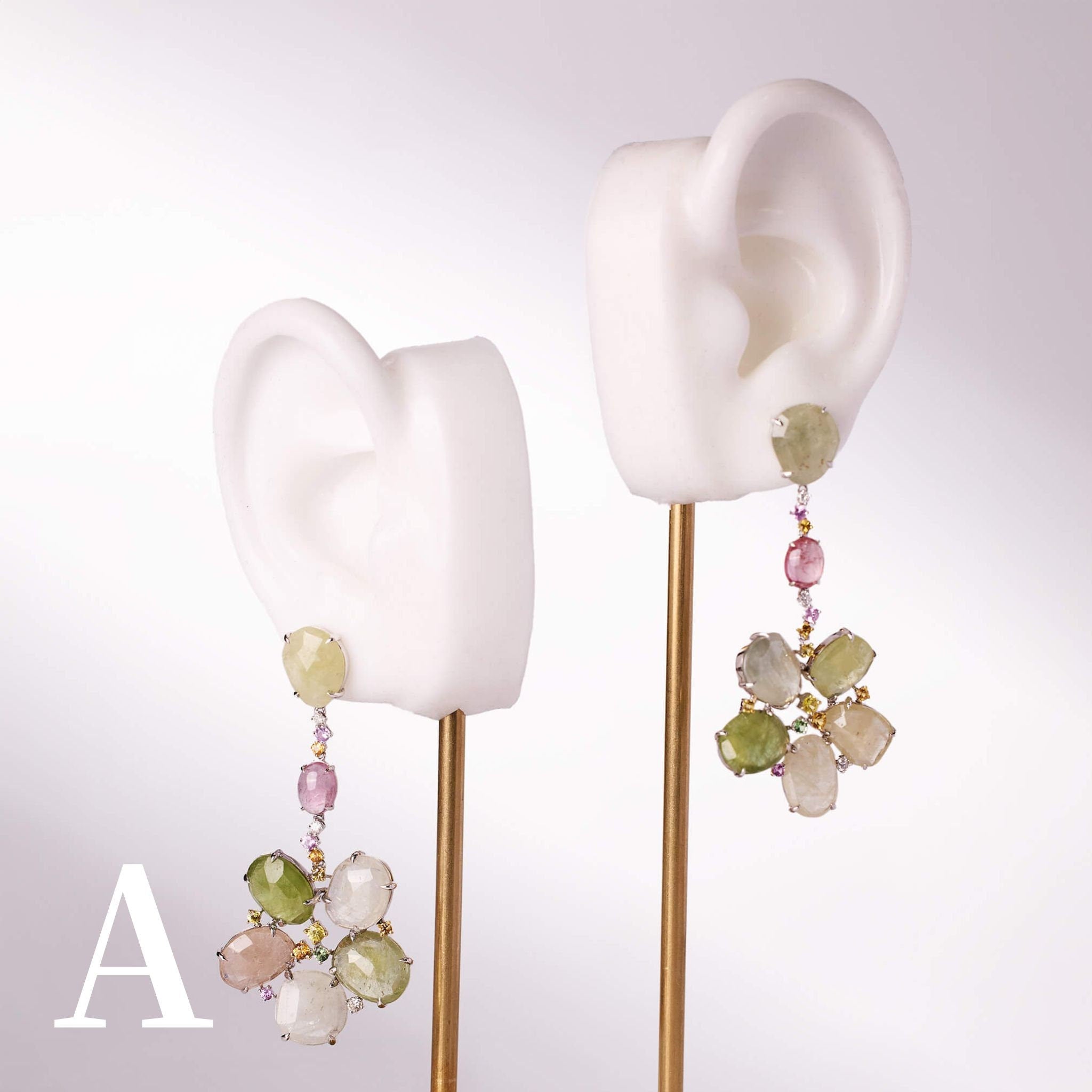 18K Gold Raw Sapphire, Tourmaline and Diamond Flower Drop Earrings