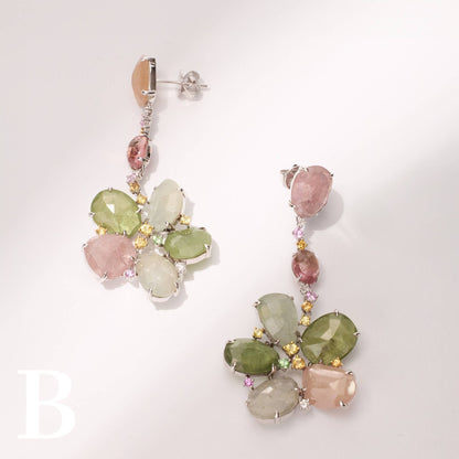 18K Gold Raw Sapphire, Tourmaline and Diamond Flower Drop Earrings