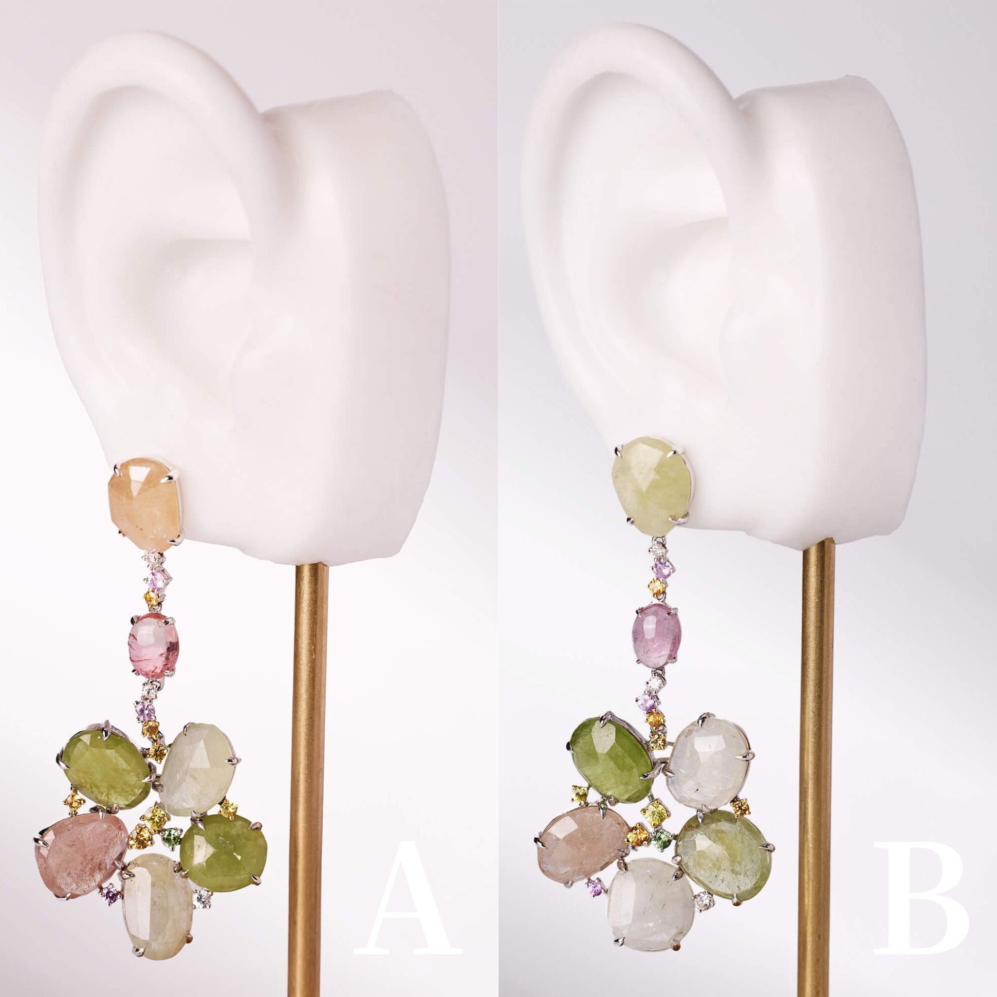 18K Gold Raw Sapphire, Tourmaline and Diamond Flower Drop Earrings