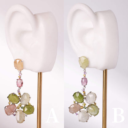 18K Gold Raw Sapphire, Tourmaline and Diamond Flower Drop Earrings