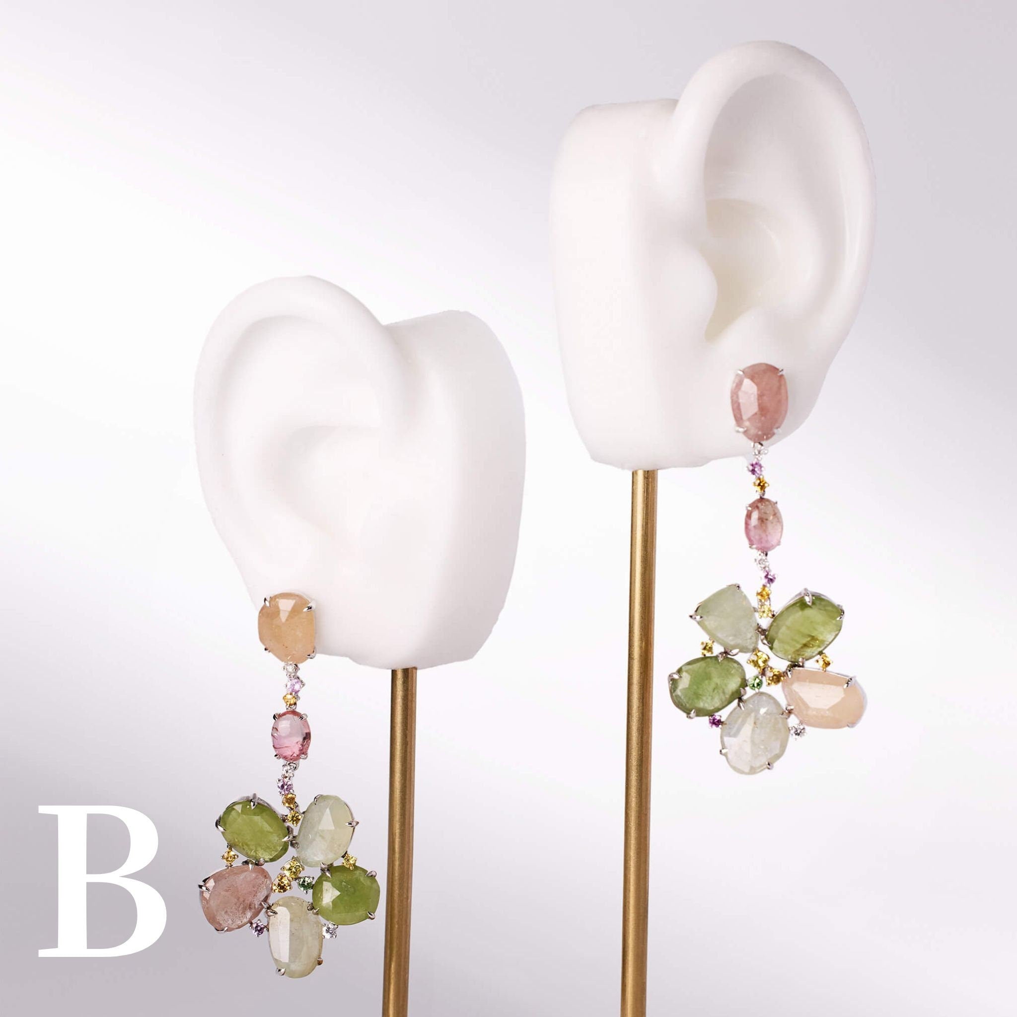 18K Gold Raw Sapphire, Tourmaline and Diamond Flower Drop Earrings