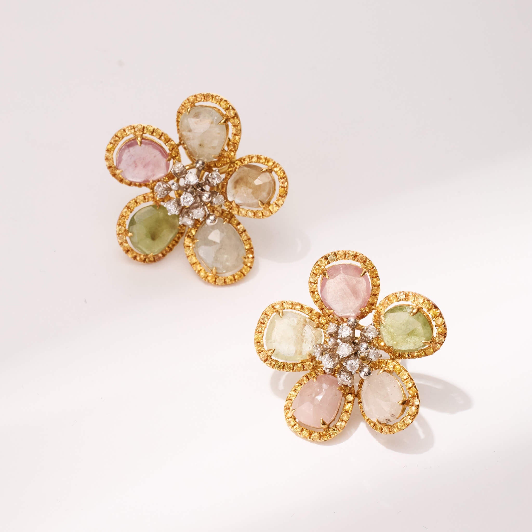 18K Gold Raw Sapphire and Diamond Flower Earrings