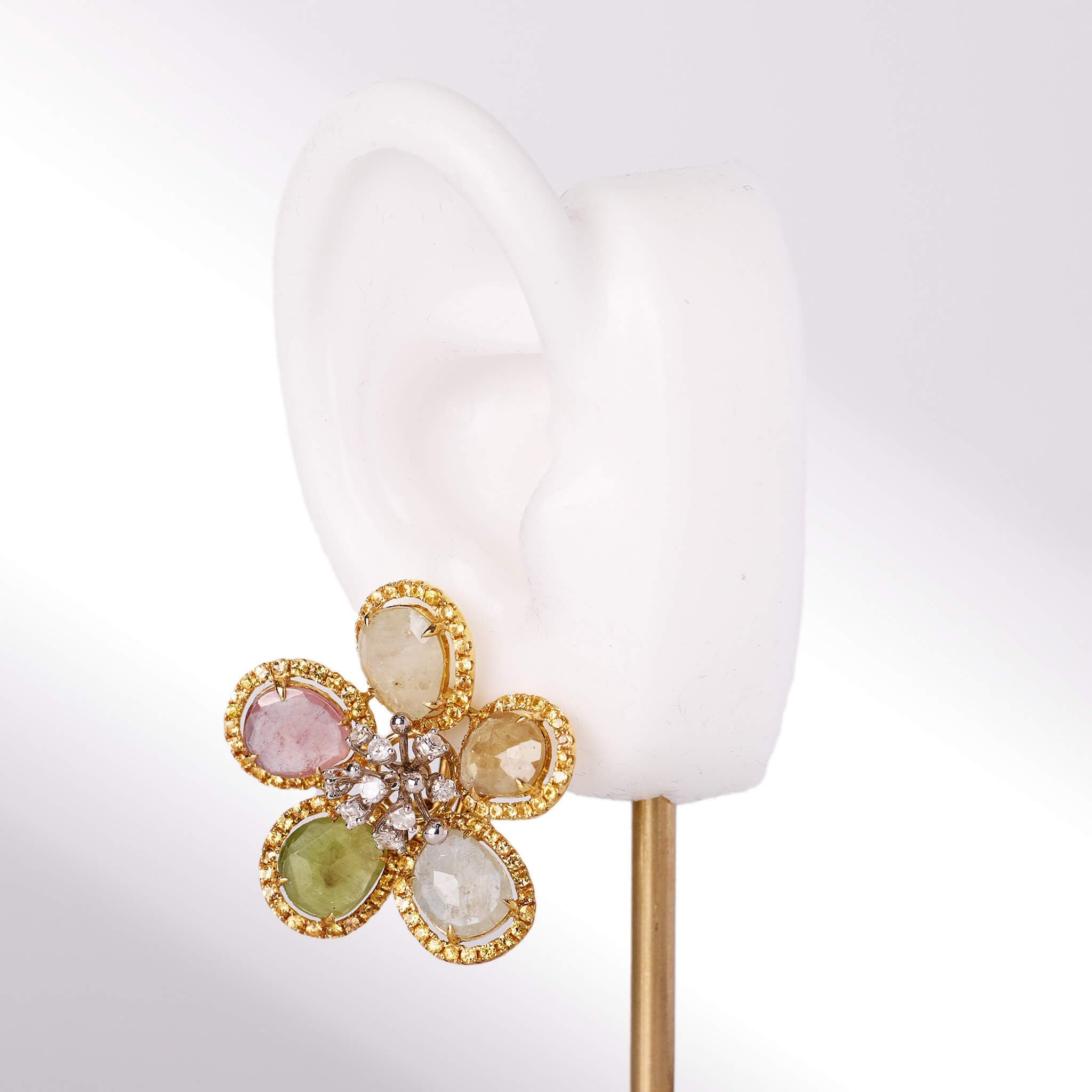 18K Gold Raw Sapphire and Diamond Flower Earrings