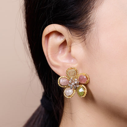 18K Gold Raw Sapphire and Diamond Flower Earrings