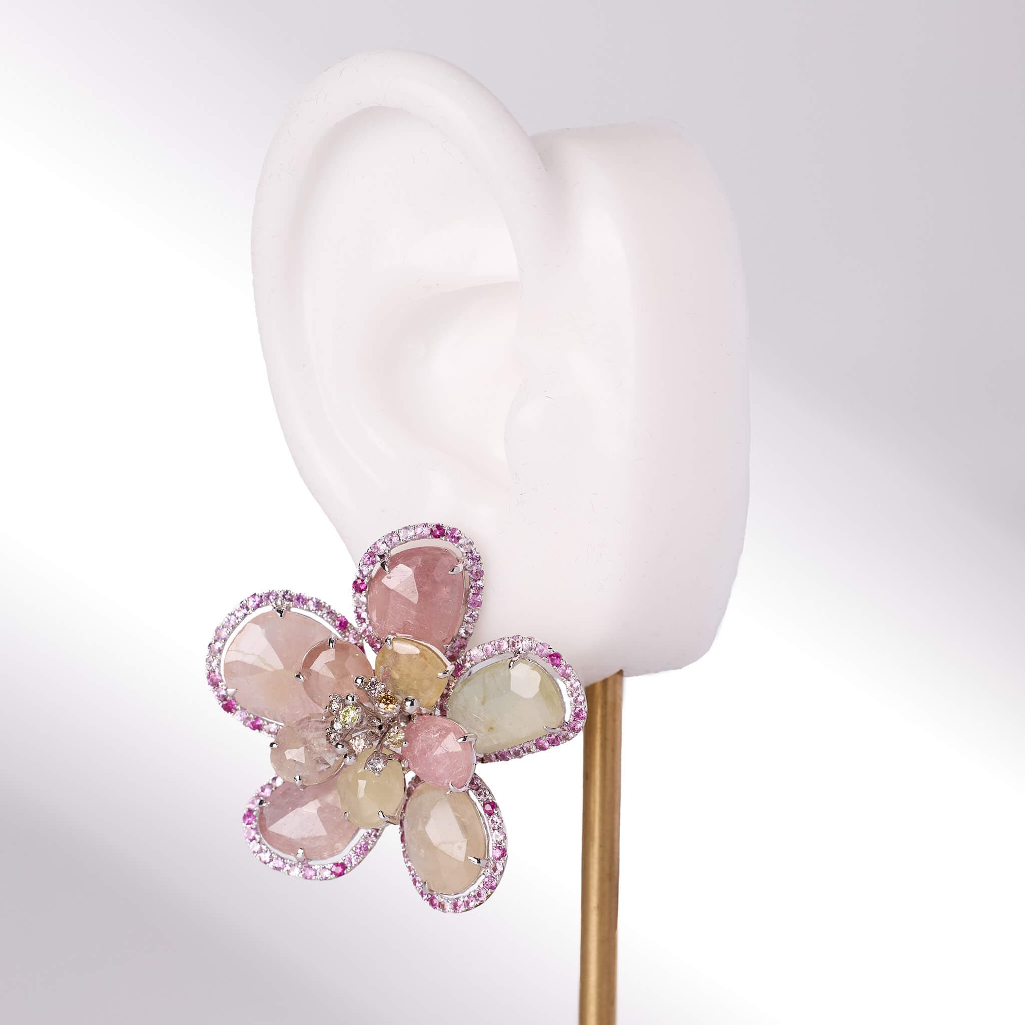 18K Gold Raw Sapphire and Diamond Flower Earrings - Jewelry And Store