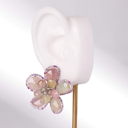 18K Gold Raw Sapphire and Diamond Flower Earrings - Jewelry And Store