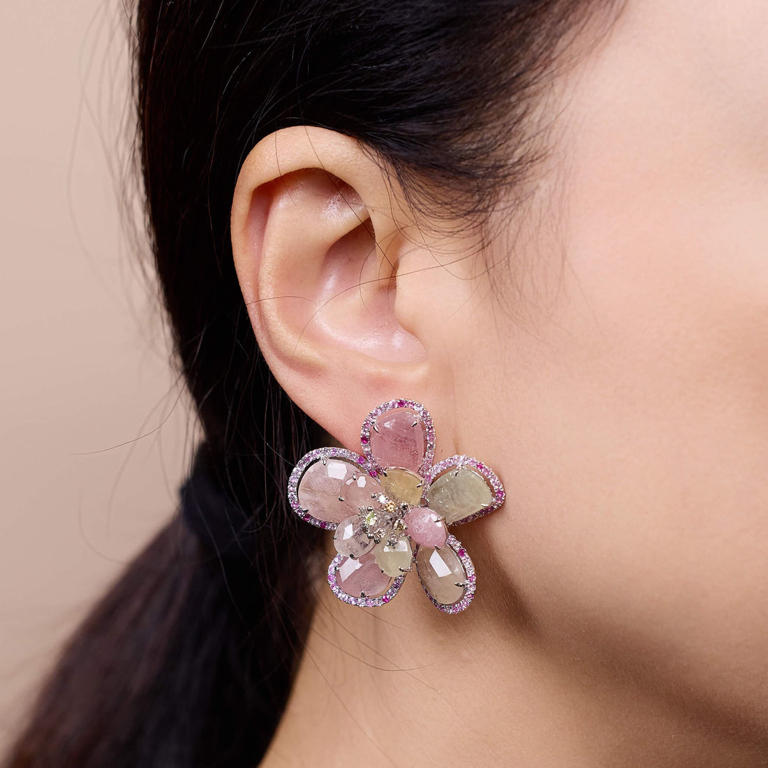 18K Gold Raw Sapphire and Diamond Flower Earrings - Jewelry And Store