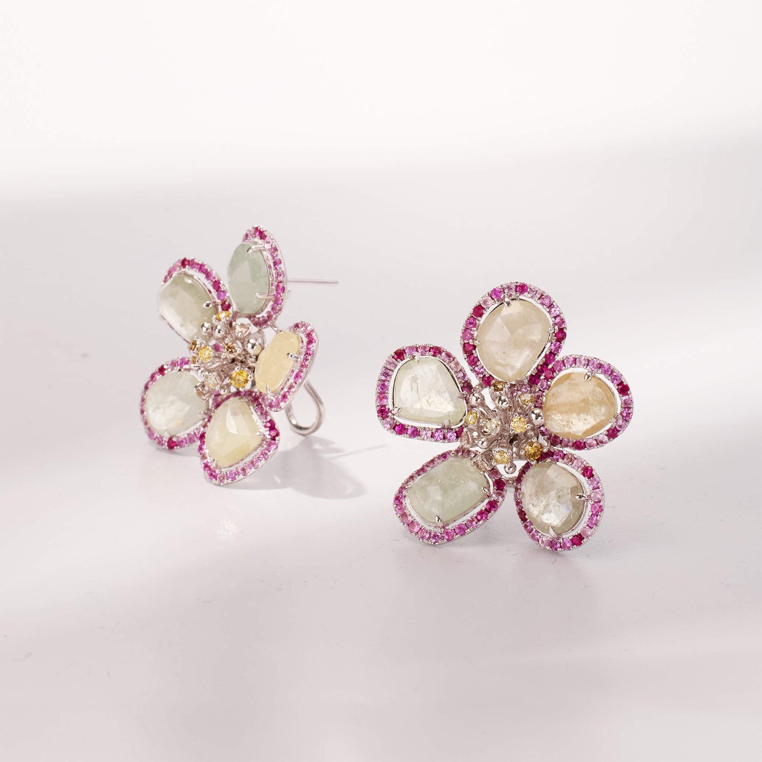 18K Gold Raw Sapphire and Diamond Flower Earrings
