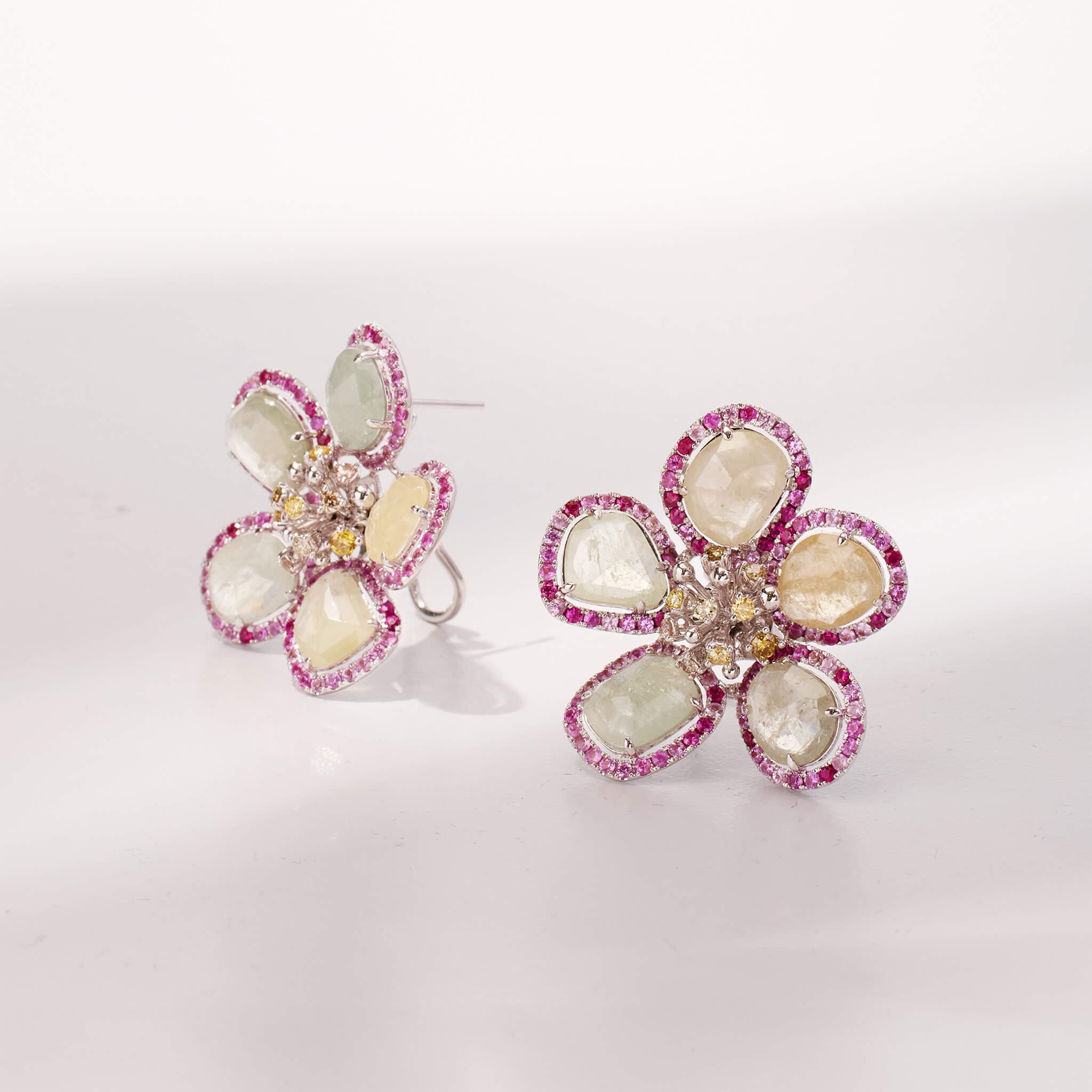 18K Gold Raw Sapphire and Diamond Flower Earrings
