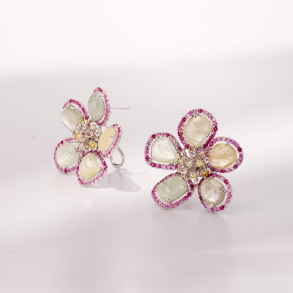 18K Gold Raw Sapphire and Diamond Flower Earrings