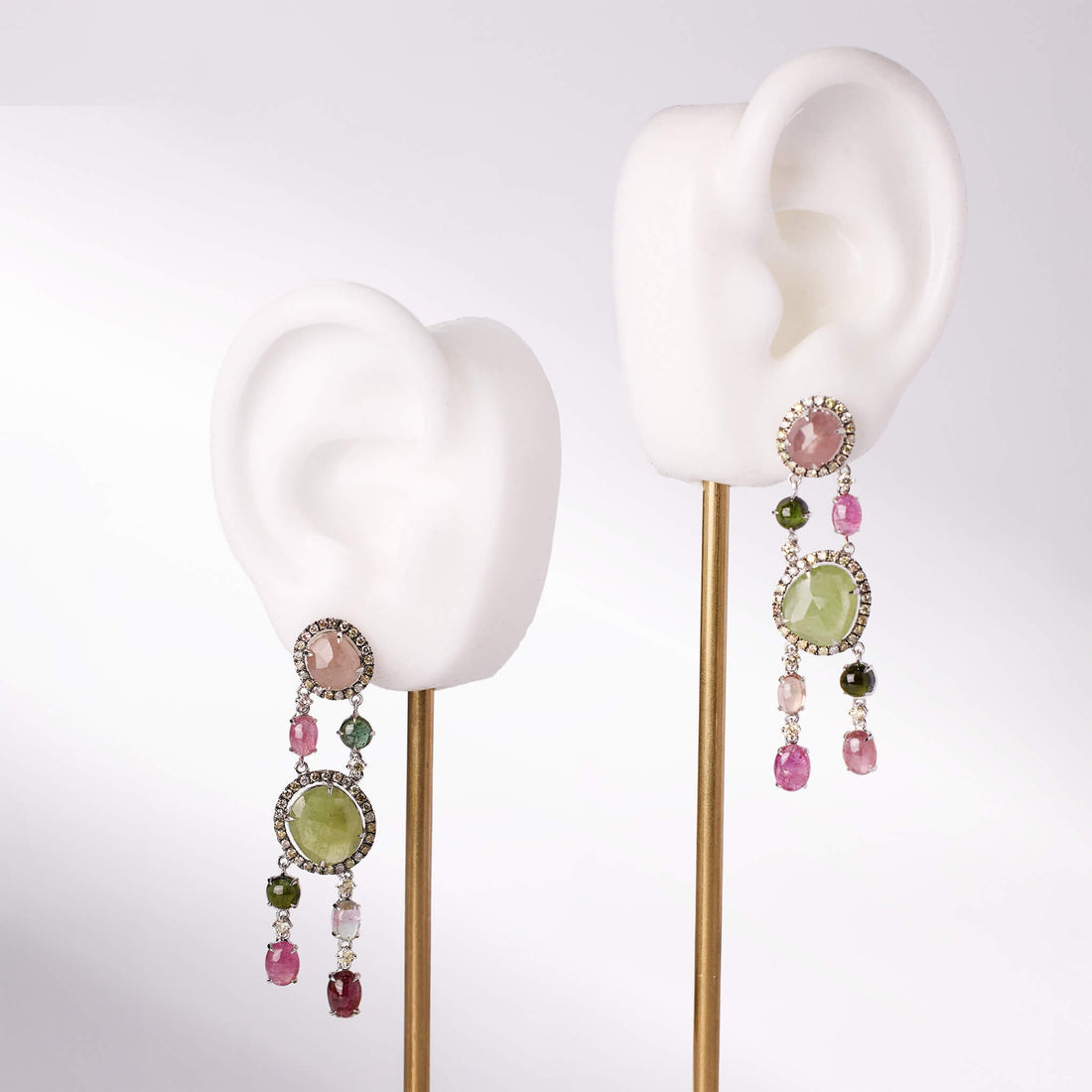 18K Gold Boho Style Raw Sapphire, Tourmaline and Diamond Drop Earrings - Jewelry And Store