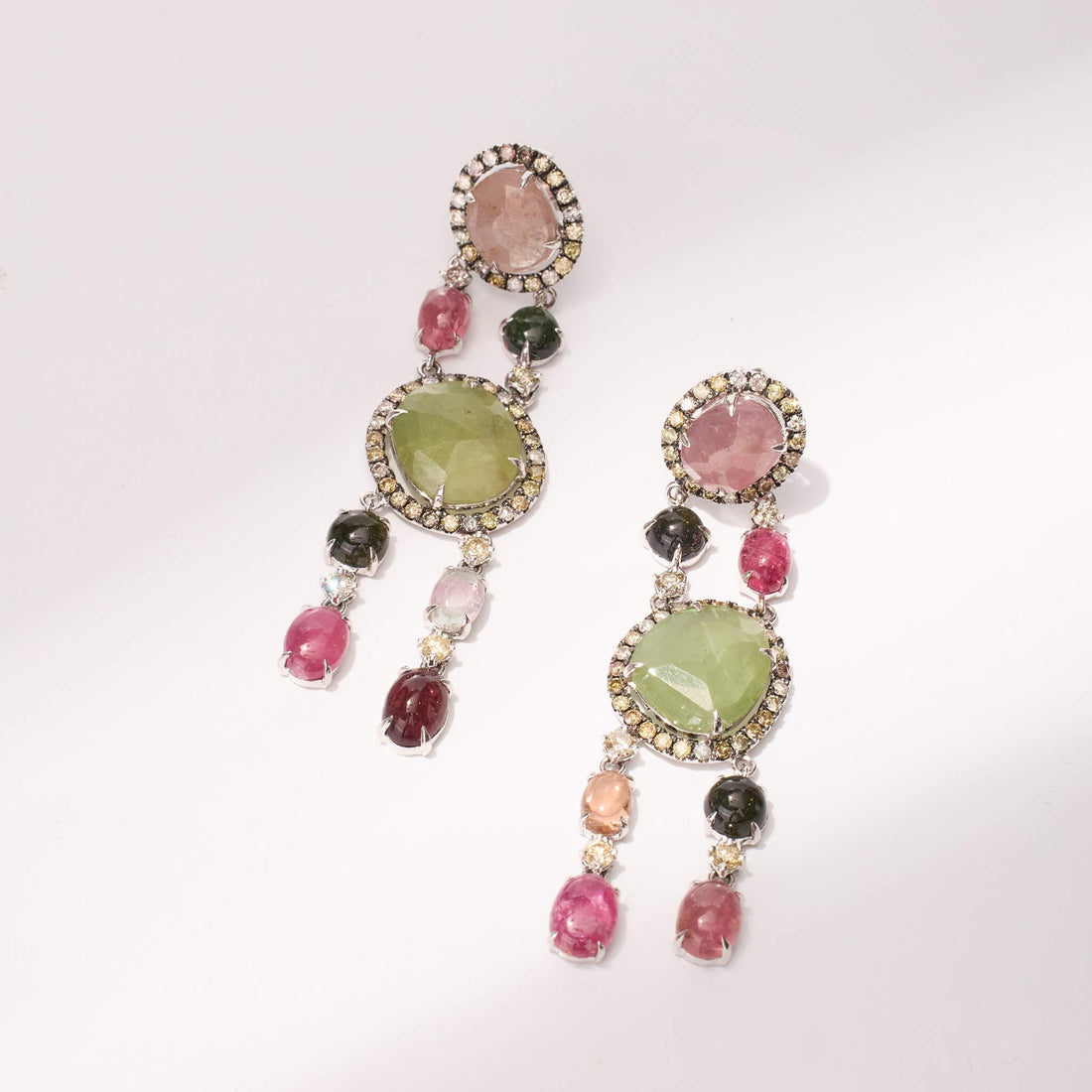 18K Gold Boho Style Raw Sapphire, Tourmaline and Diamond Drop Earrings - Jewelry And Store