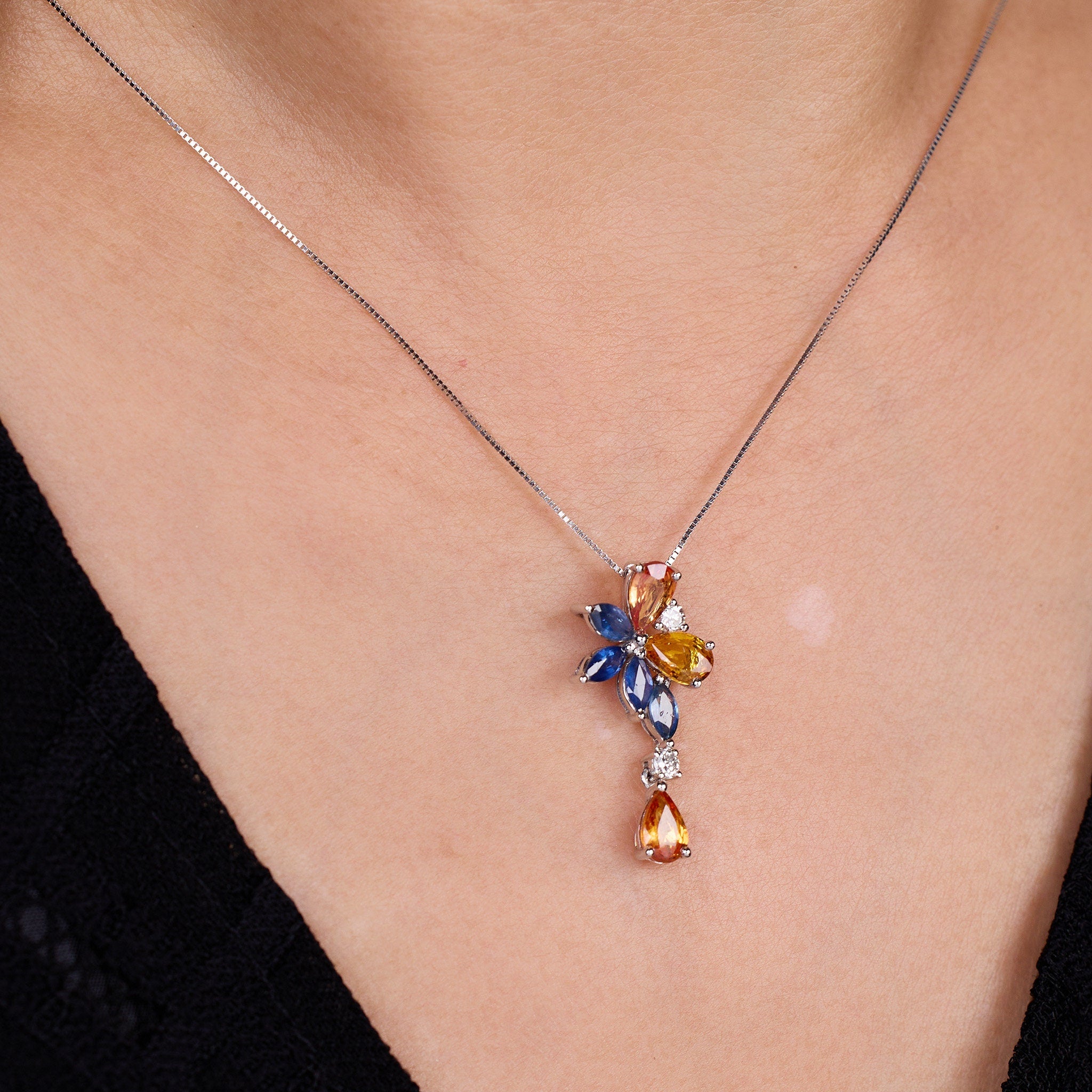 18K Gold Nature Diamond &amp; Fancy Sapphire Drop Pendant - Jewelry And Store