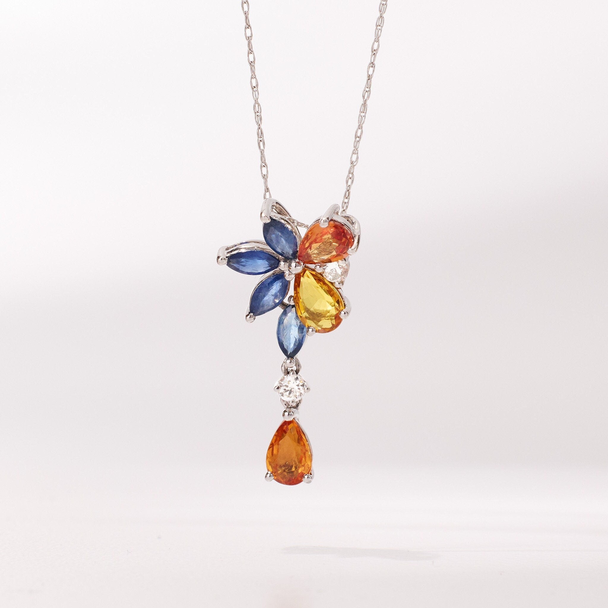 18K Gold Nature Diamond &amp; Fancy Sapphire Drop Pendant - Jewelry And Store