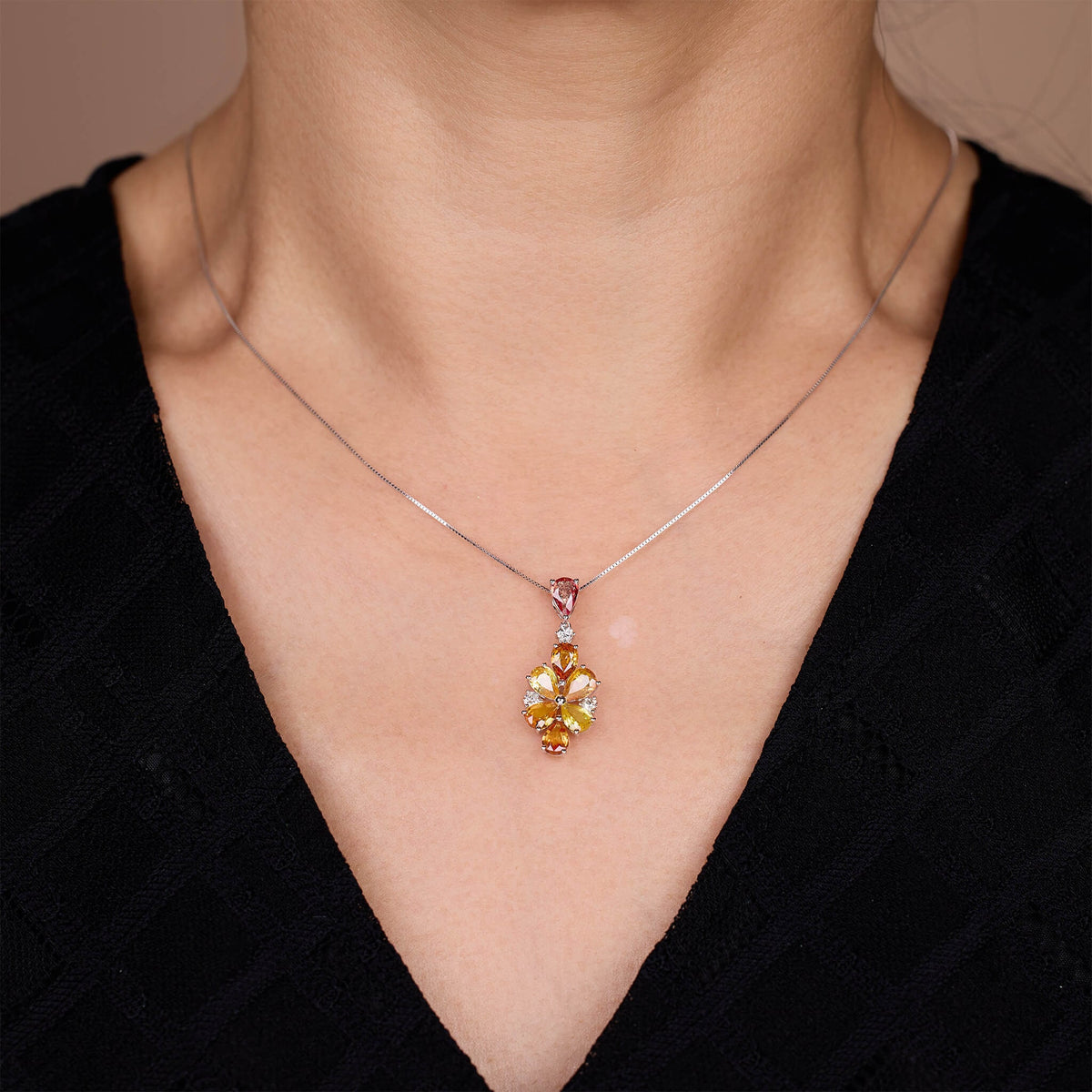 18K Gold Nature Diamond &amp; Fancy Sapphire Flower Pendant - Jewelry And Store