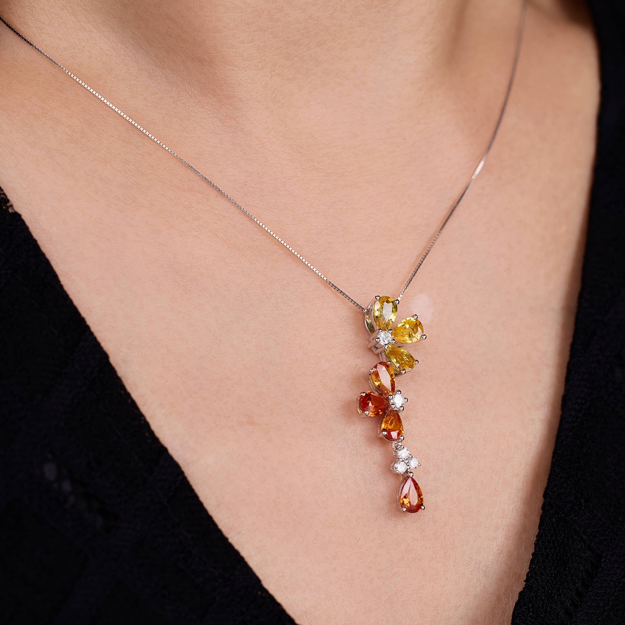 18K Gold Nature Diamond &amp; Fancy Sapphire Flower Pendant - Jewelry And Store