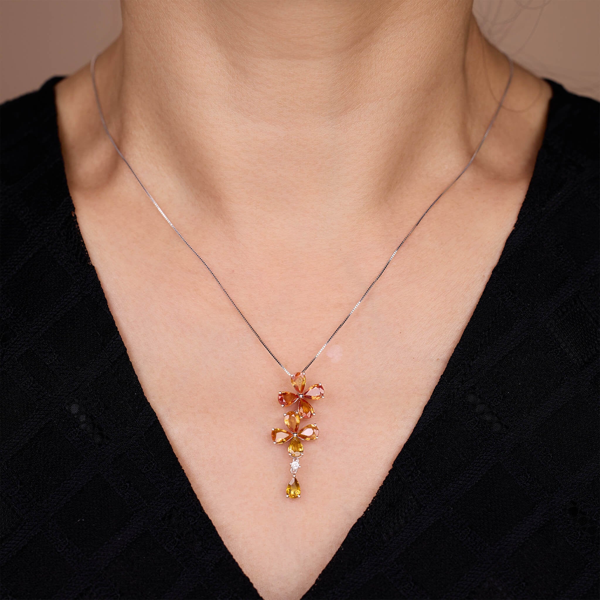 18K Gold Nature Diamond &amp; Fancy Sapphire Flower Pendant - Jewelry And Store