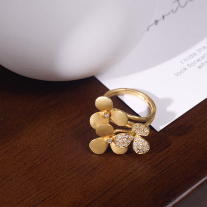 14K Matte Gold Flower Ring with Natural Diamonds - JewelryAndStore