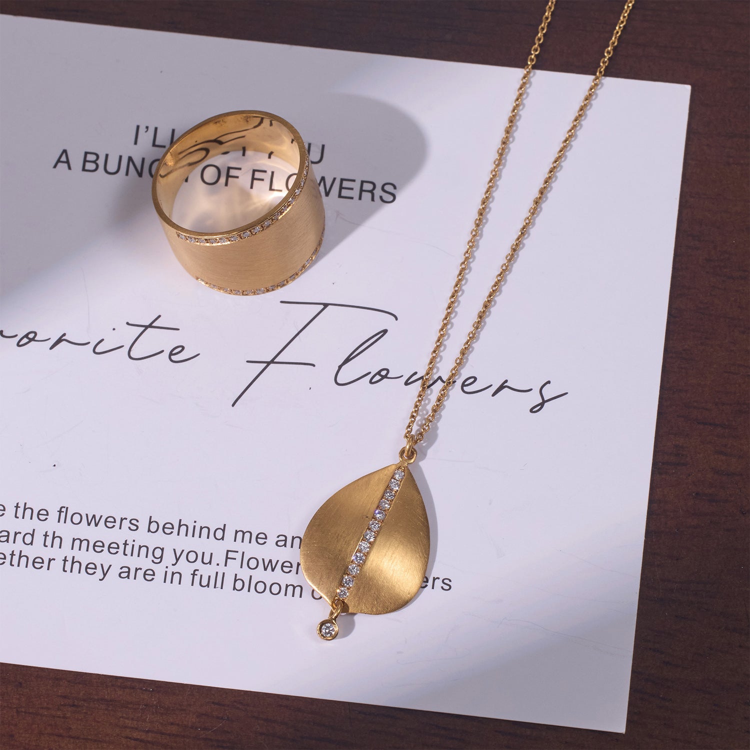 14K Solid Gold Leaf Pendant Necklace with Natural Diamonds and Handcrafted Brushed Finish - Jewelry And Store