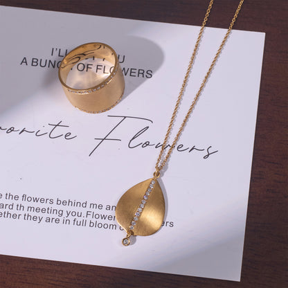 14K Solid Gold Leaf Pendant Necklace with Natural Diamonds and Handcrafted Brushed Finish - Jewelry And Store