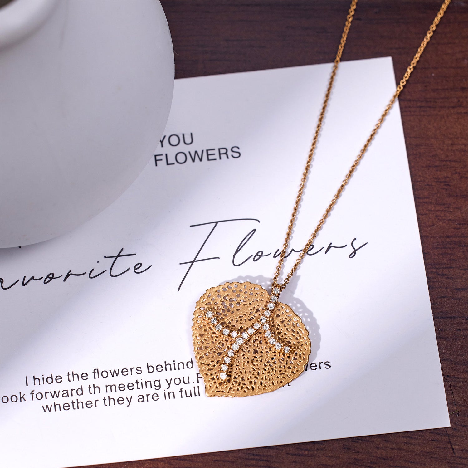 14K Matte Gold Filigree Leaf Pendant with Natural Diamonds - Jewelry And Store