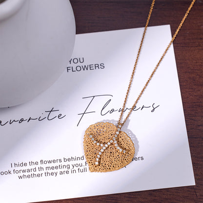14K Matte Gold Filigree Leaf Pendant with Natural Diamonds - Jewelry And Store