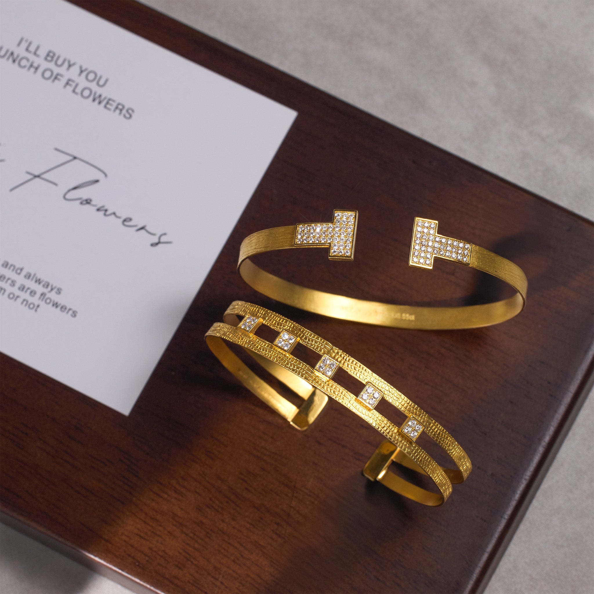 18K Gold Textured Open Bangle with Pave Diamond T - Bar Design - Jewelry And Store