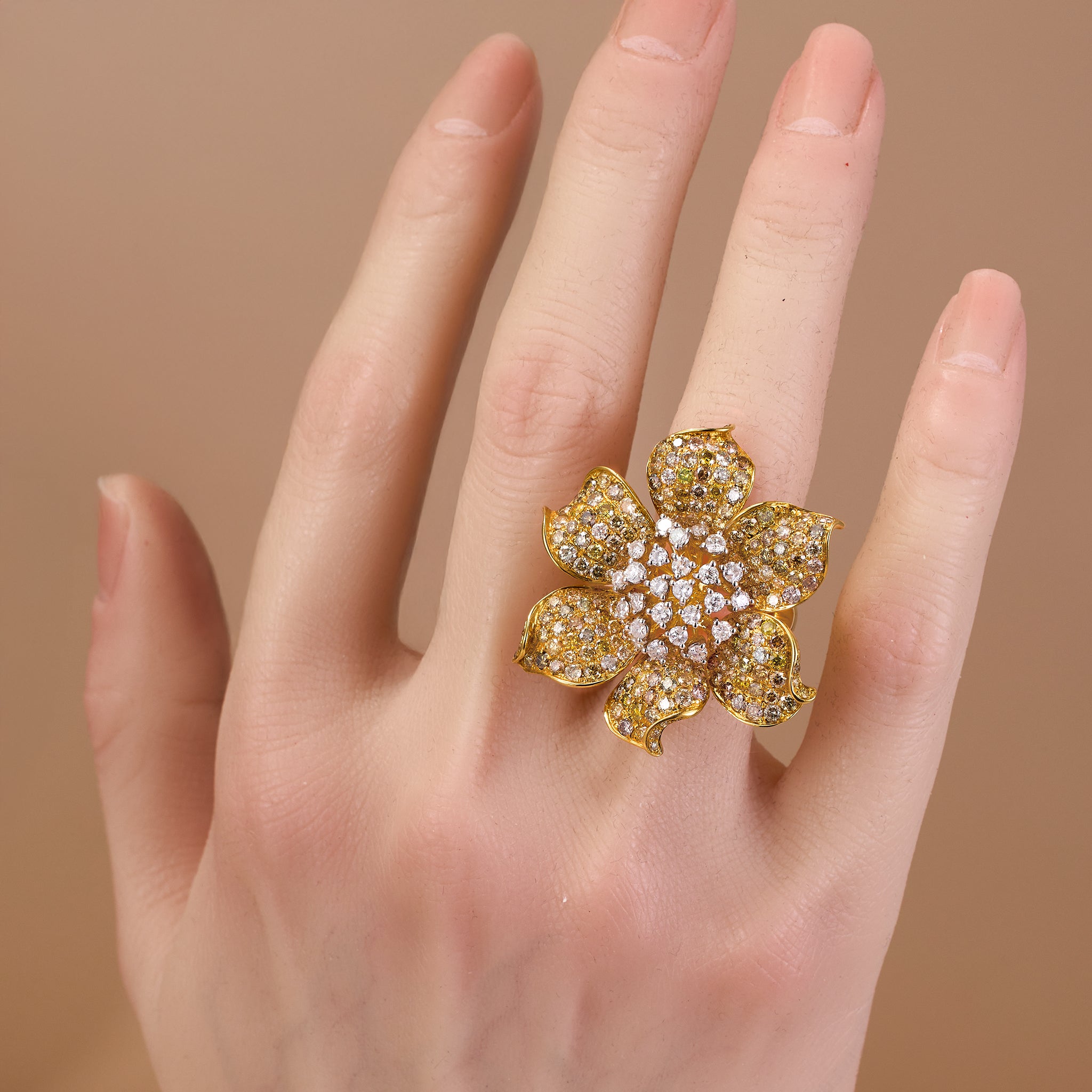 18K Yellow Gold Flower Ring with Color Diamonds - Jewelry And Store