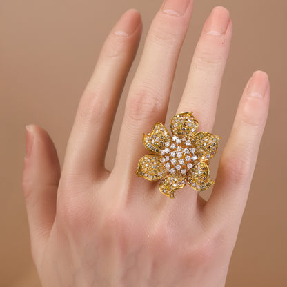 18K Yellow Gold Flower Ring with Color Diamonds - Jewelry And Store