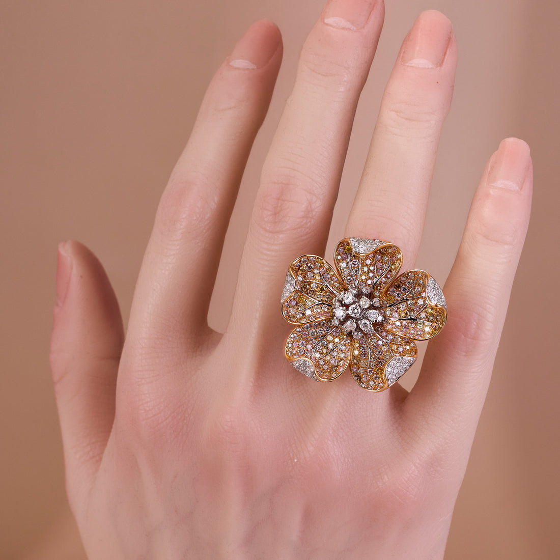 18K Yellow Gold Flower Motif Ring with Natural Color Diamonds - Jewelry And Store