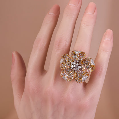 18K Yellow Gold Flower Motif Ring with Natural Color Diamonds - Jewelry And Store