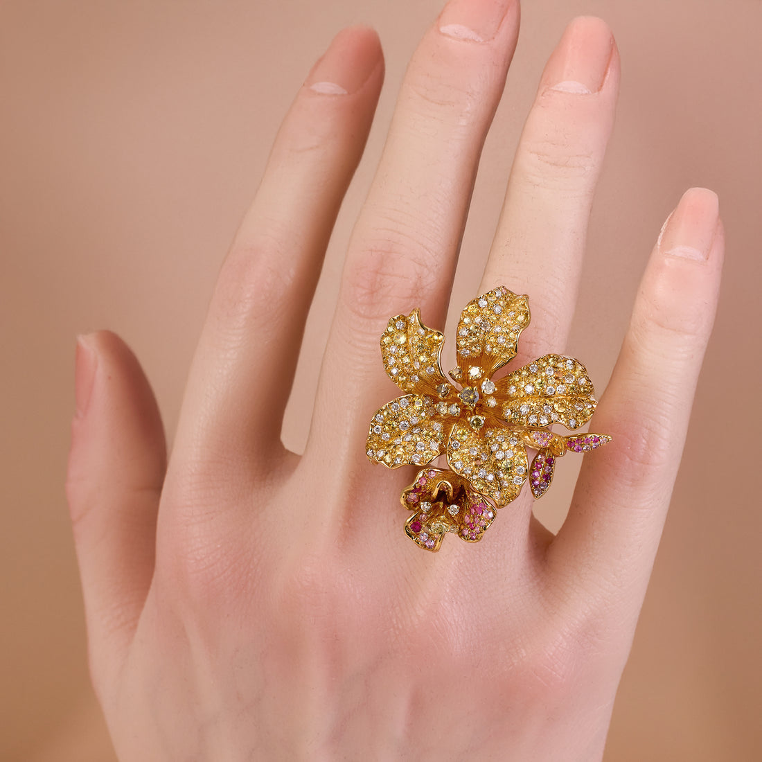 18K Yellow Gold Flower Ring with Natural Sapphires and Color Diamonds - Jewelry And Store
