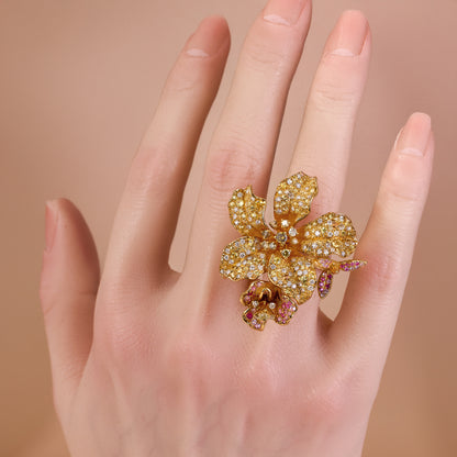 18K Yellow Gold Flower Ring with Natural Sapphires and Color Diamonds - Jewelry And Store