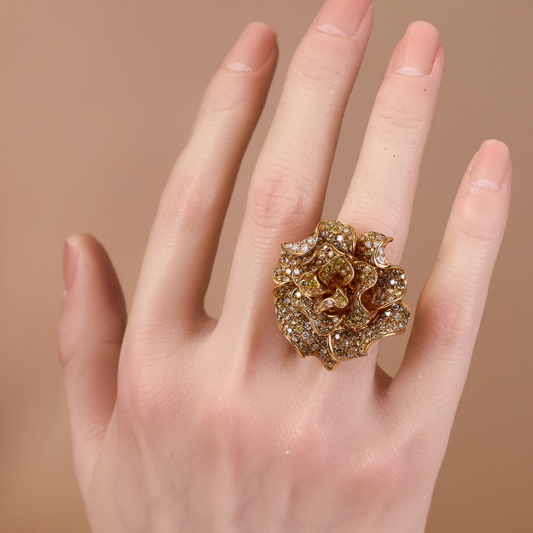 18K Yellow Gold Flower Ring with Natural Color Diamonds - Jewelry And Store