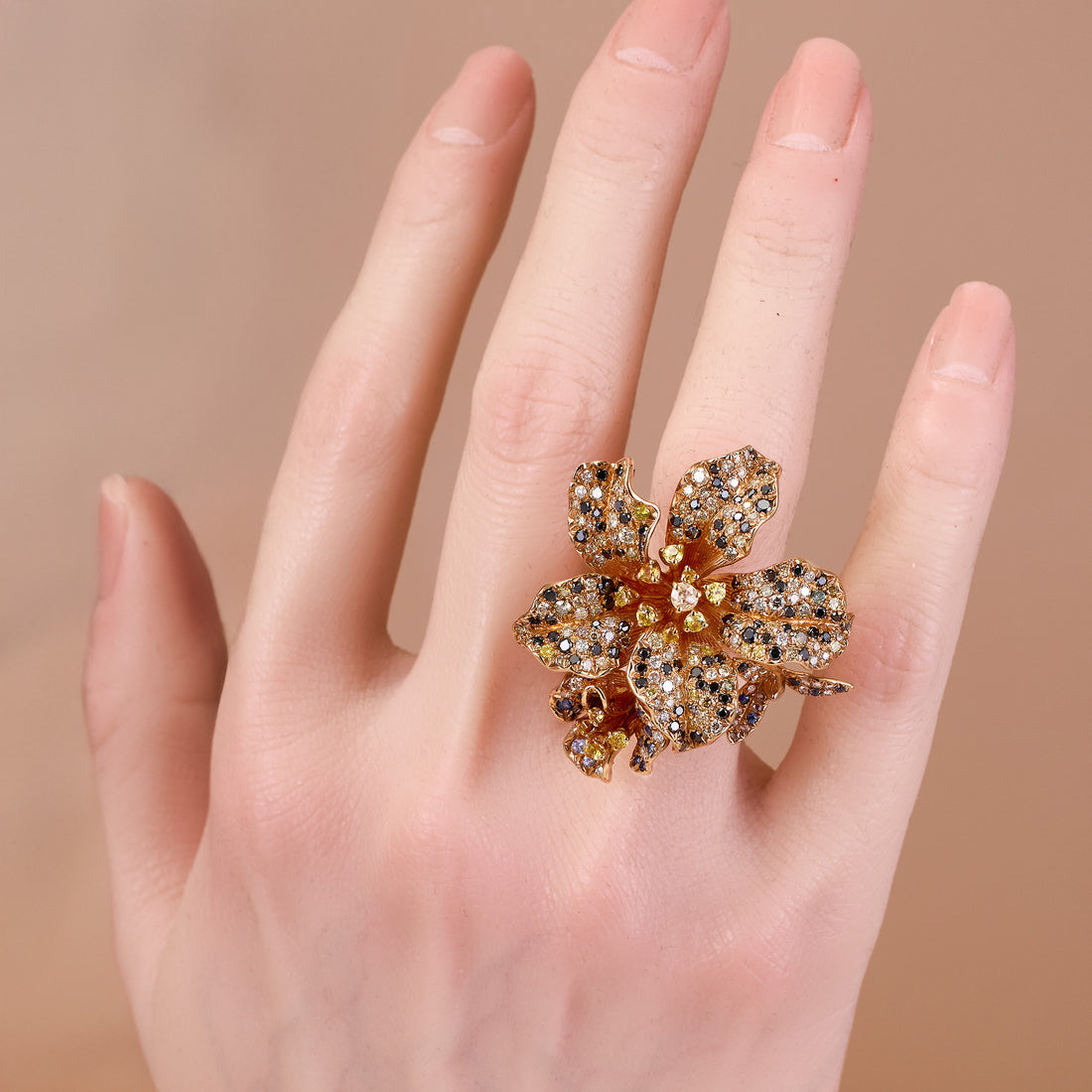 18K Rose Gold Flower Ring with Sapphires and Color Diamonds - Jewelry And Store