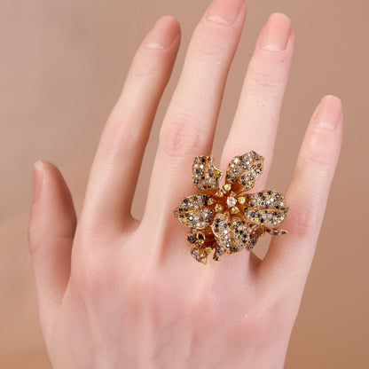 18K Rose Gold Flower Ring with Sapphires and Color Diamonds