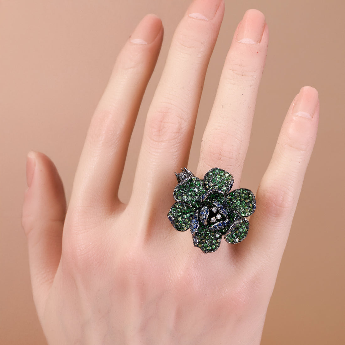 18K Black Gold Flower Ring with Green and Blue Sapphires - Jewelry And Store