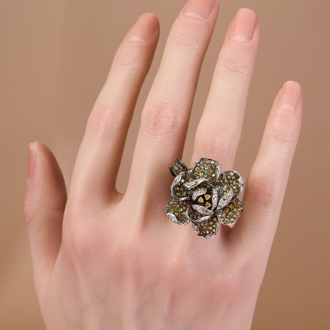 18K Gold Flower Motif Ring with Yellow Sapphires &amp; Color Diamonds - Jewelry And Store