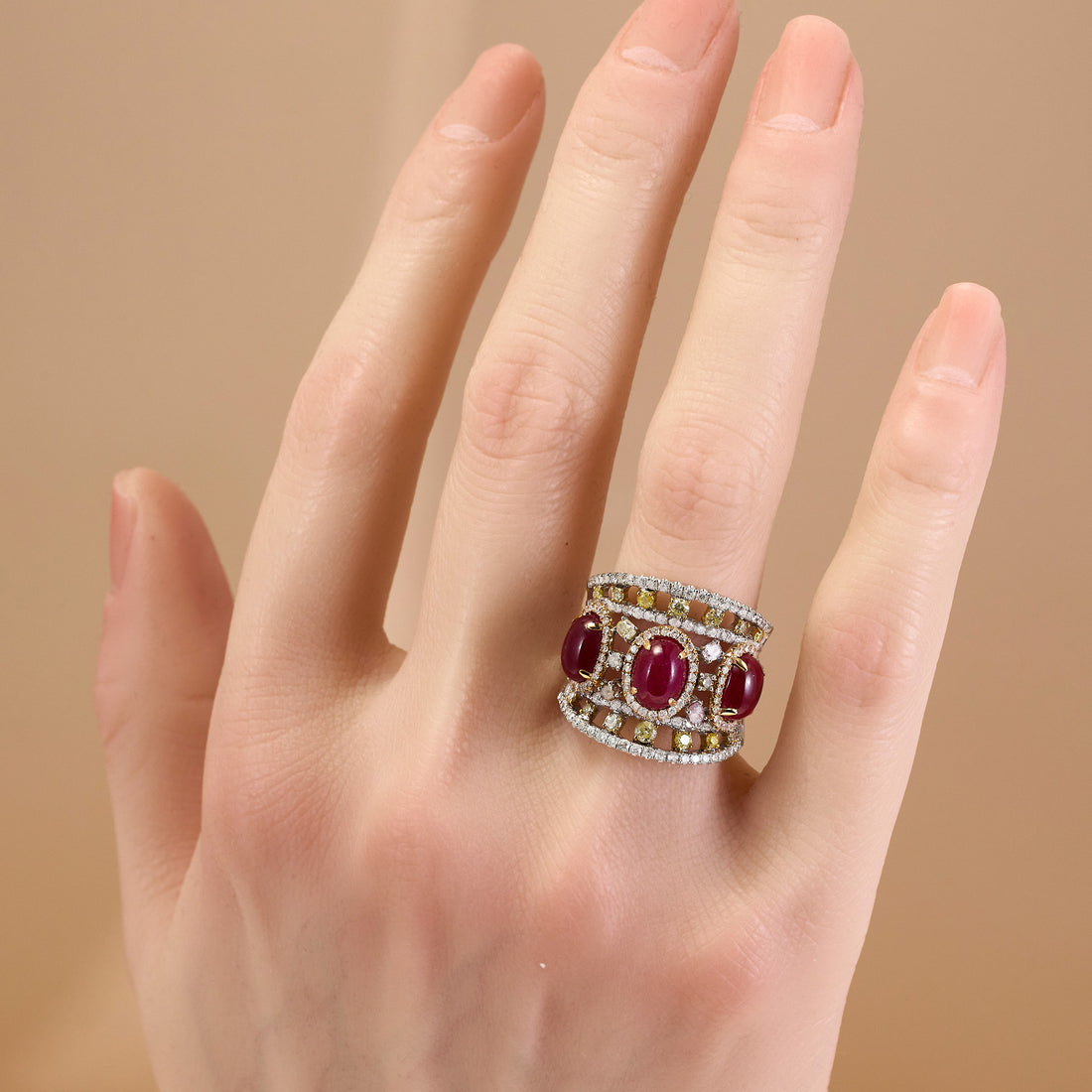 18K White Gold Ring with Natural Oval Rubies and Color Diamonds - Jewelry And Store