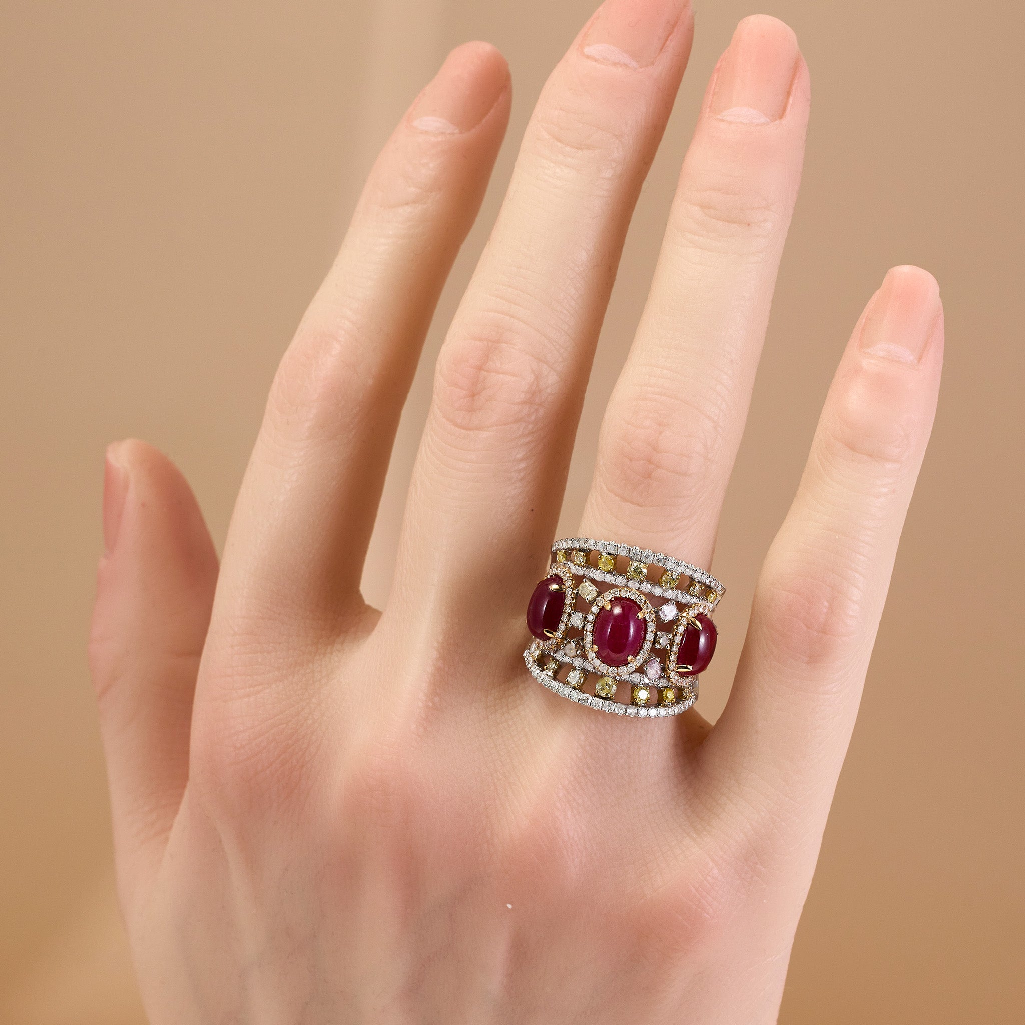 18K White Gold Ring with Natural Oval Rubies and Color Diamonds - Jewelry And Store