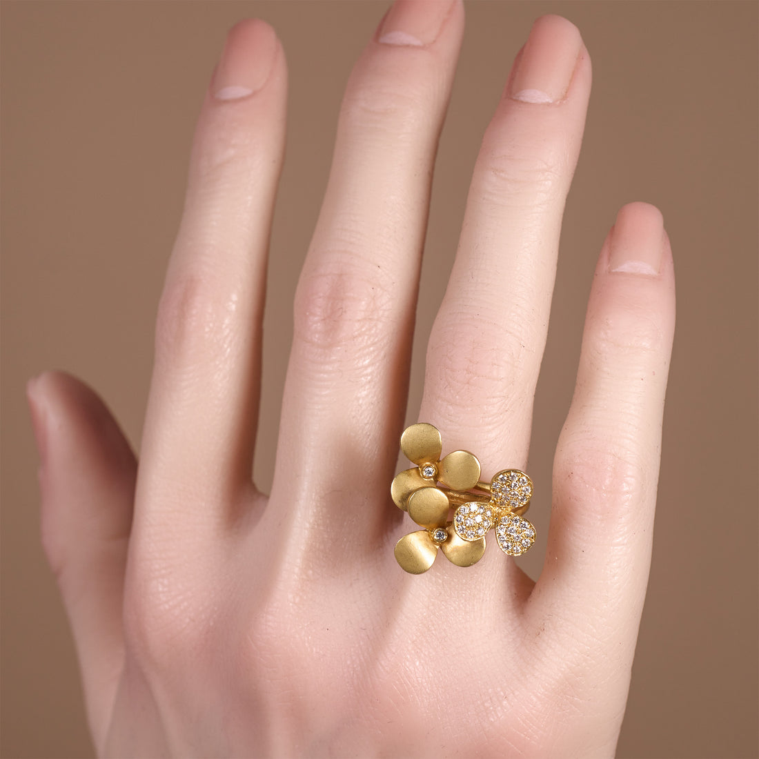 14K Matte Gold Flower Ring with Natural Diamonds - JewelryAndStore