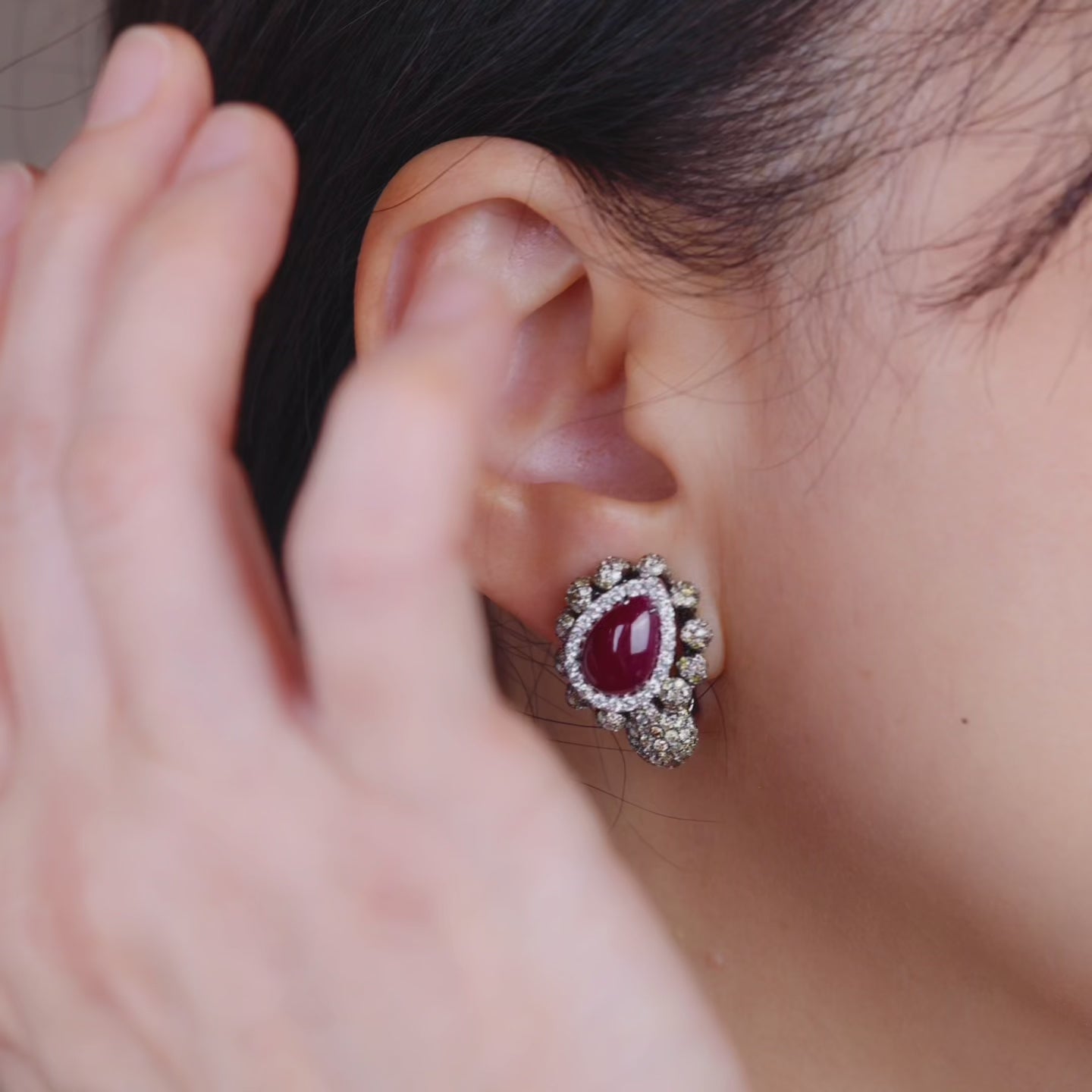 18K Gold Natural Diamond and Ruby Hoop Earrings