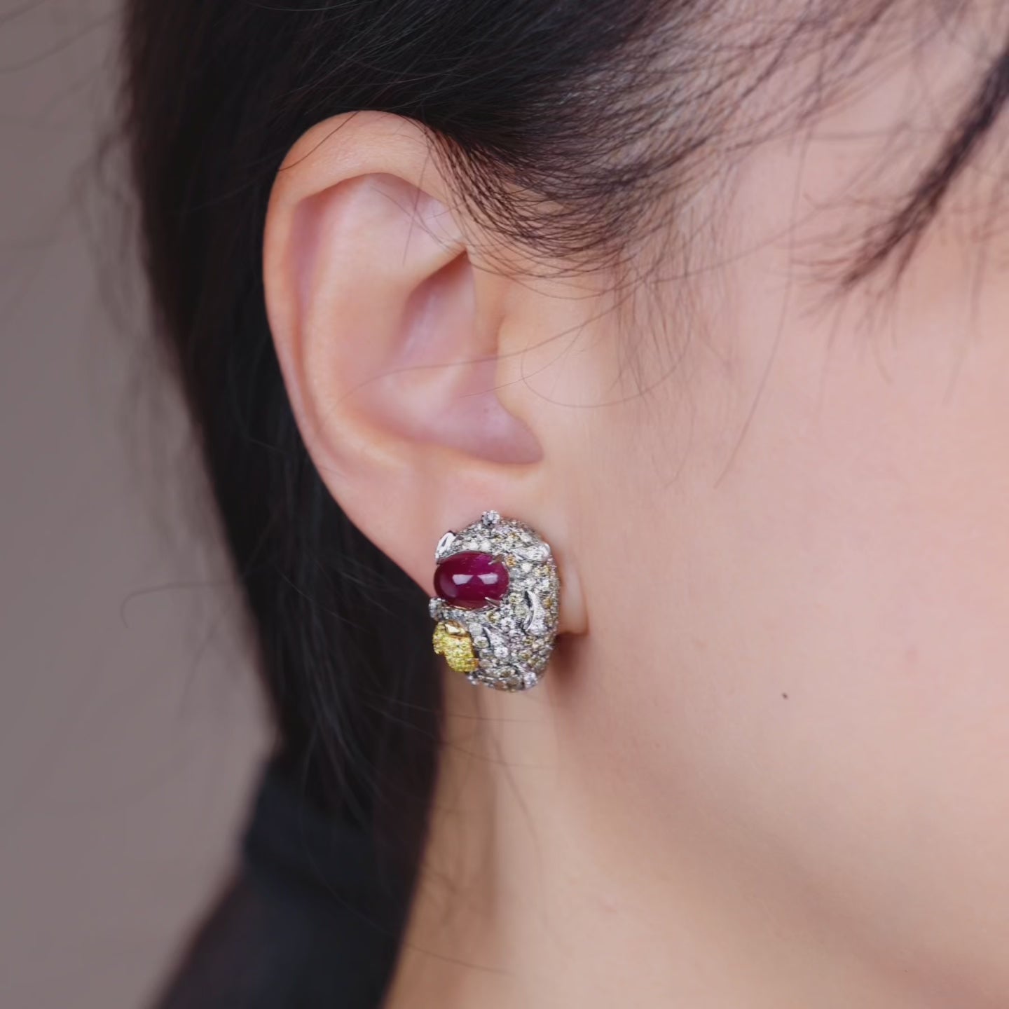 18K Gold Natural Diamond and Ruby Hoop Earrings