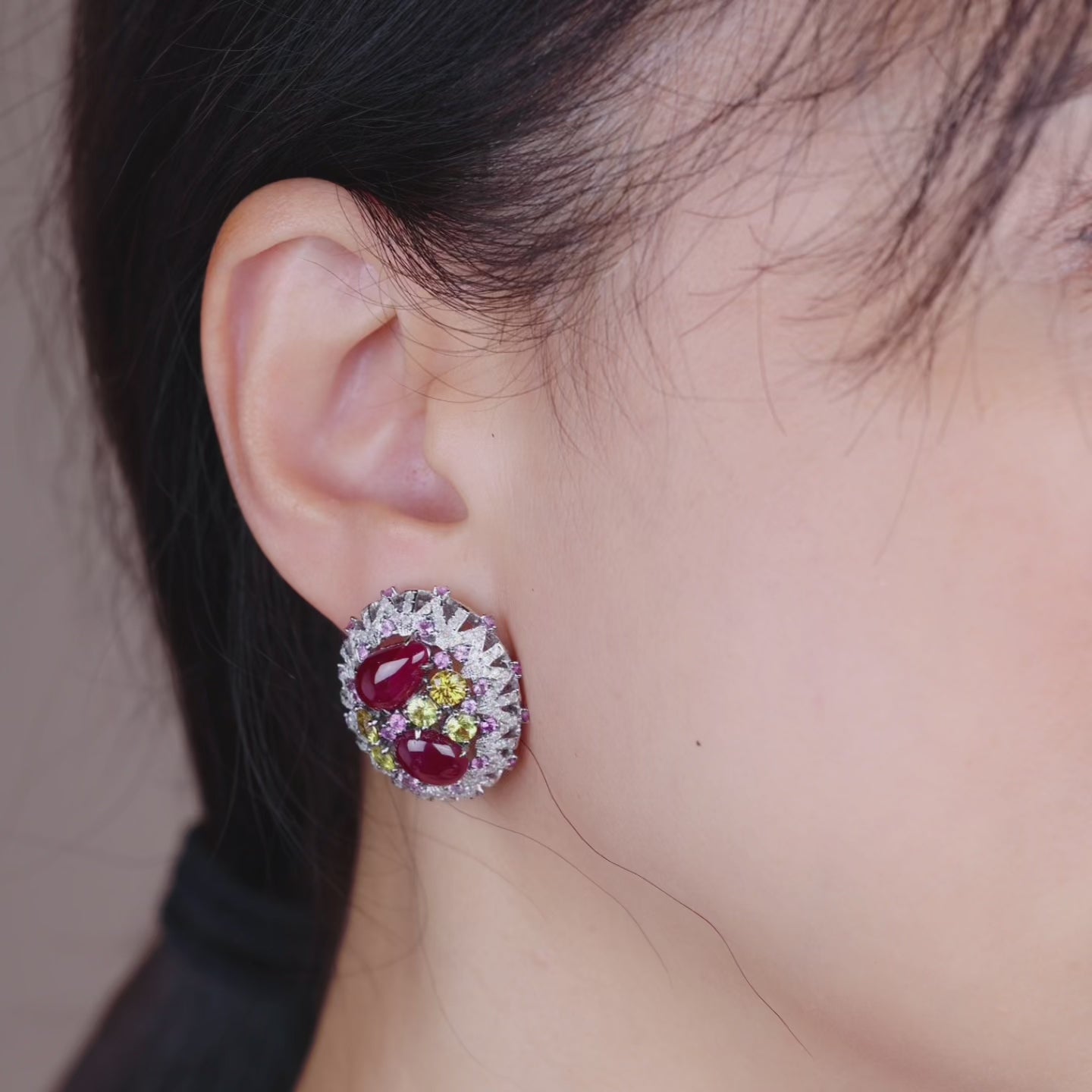 18K Gold Diamond and Ruby Hoop Earrings