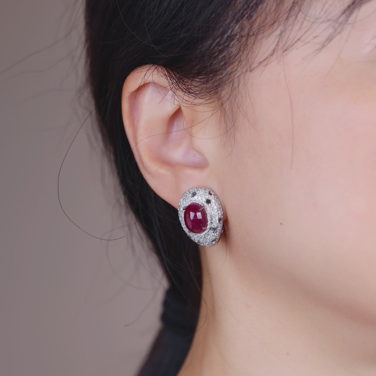 18K Gold Natural Diamond and Ruby Hoop Earrings