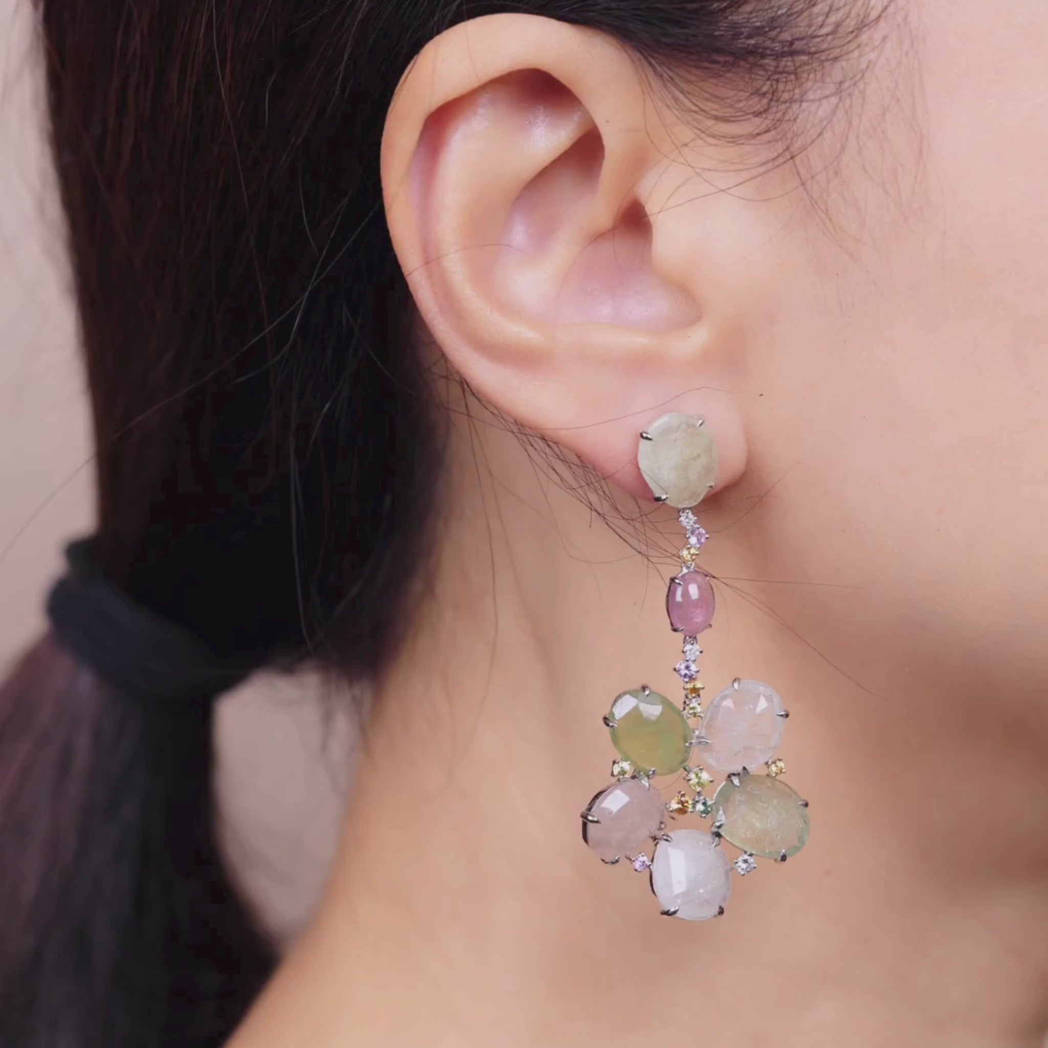 18K Gold Natural Raw Sapphire, Tourmaline and Diamond Flower Drop Earrings